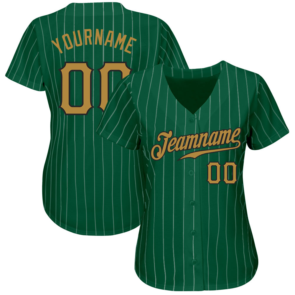 Custom Kelly Green White Pinstripe Old Gold-Black Authentic Baseball Jersey view 2