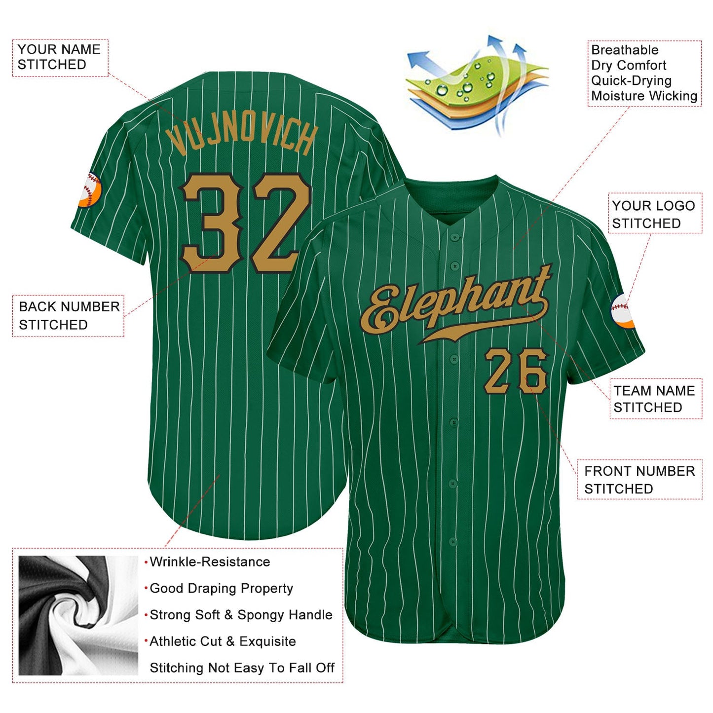 Custom Kelly Green White Pinstripe Old Gold-Black Authentic Baseball Jersey view 3