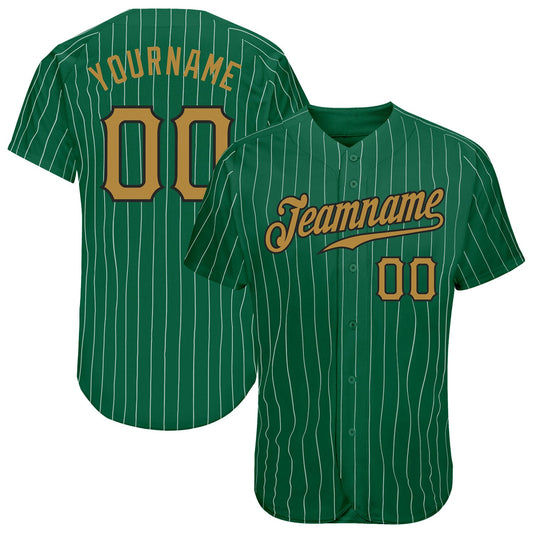 Custom Kelly Green White Pinstripe Old Gold-Black Authentic Baseball Jersey - Main View