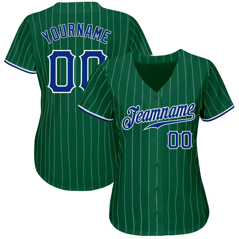 Custom Kelly Green White Pinstripe Royal-White Authentic Baseball Jersey view 2