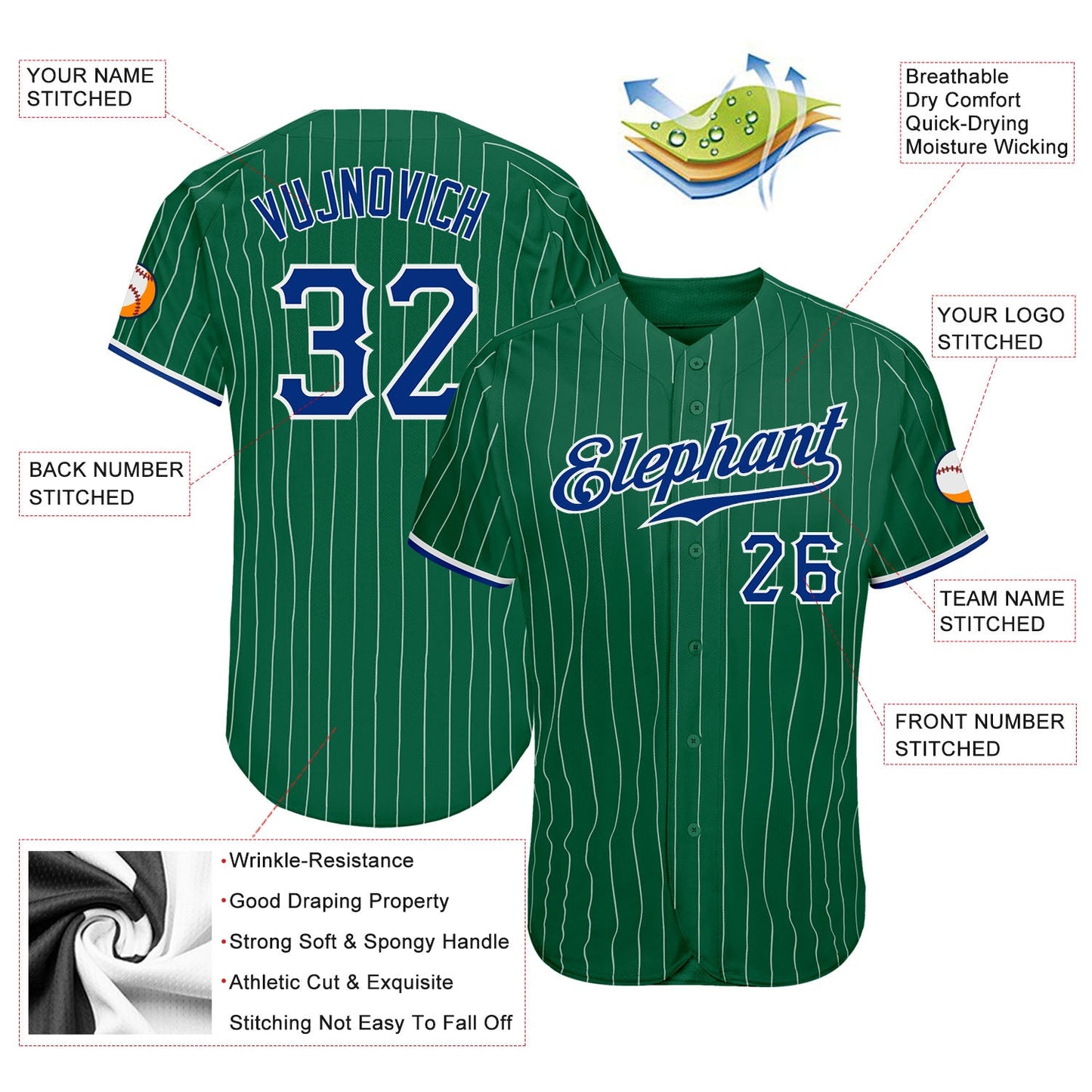 Custom Kelly Green White Pinstripe Royal-White Authentic Baseball Jersey view 3