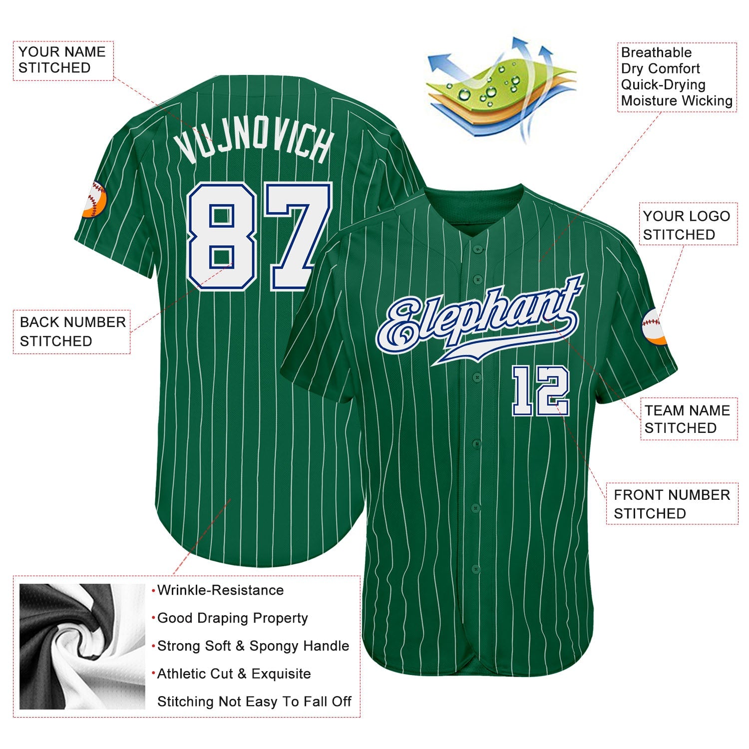 Custom Kelly Green White Pinstripe White-Royal Authentic Baseball Jersey view 3