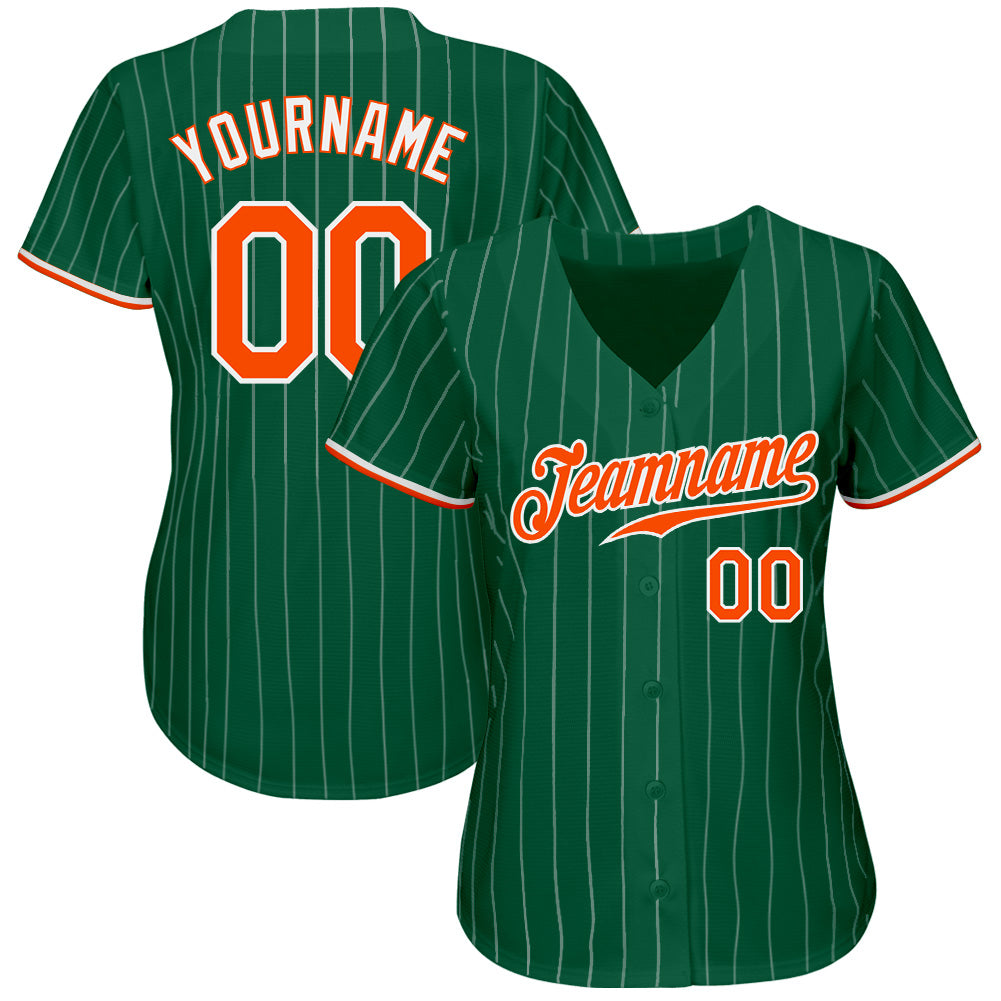 Custom Kelly Green White Pinstripe Orange-White Authentic Baseball Jersey view 2