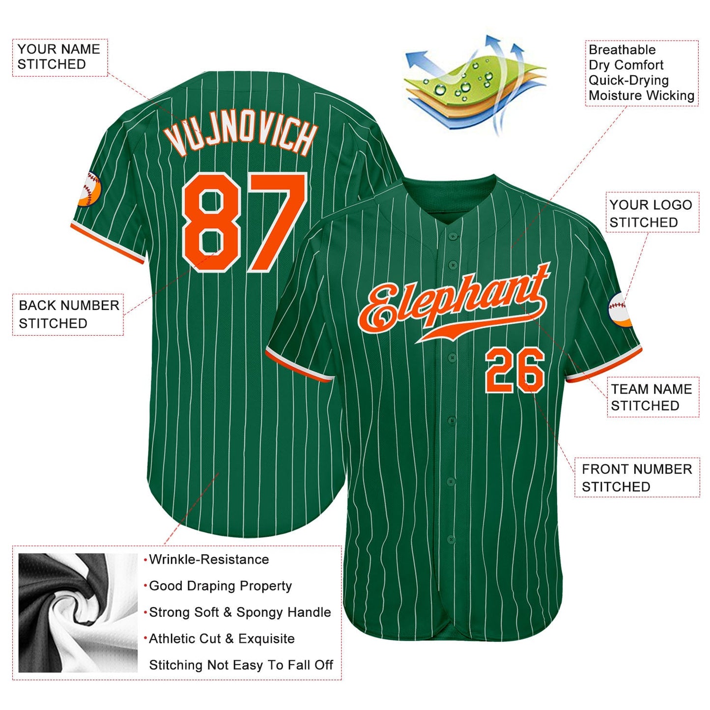 Custom Kelly Green White Pinstripe Orange-White Authentic Baseball Jersey view 3