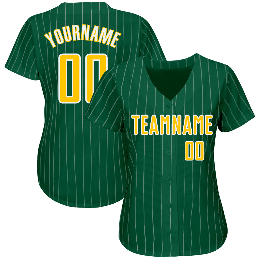 Custom Kelly Green White Pinstripe Gold-White Authentic Baseball Jersey view 2