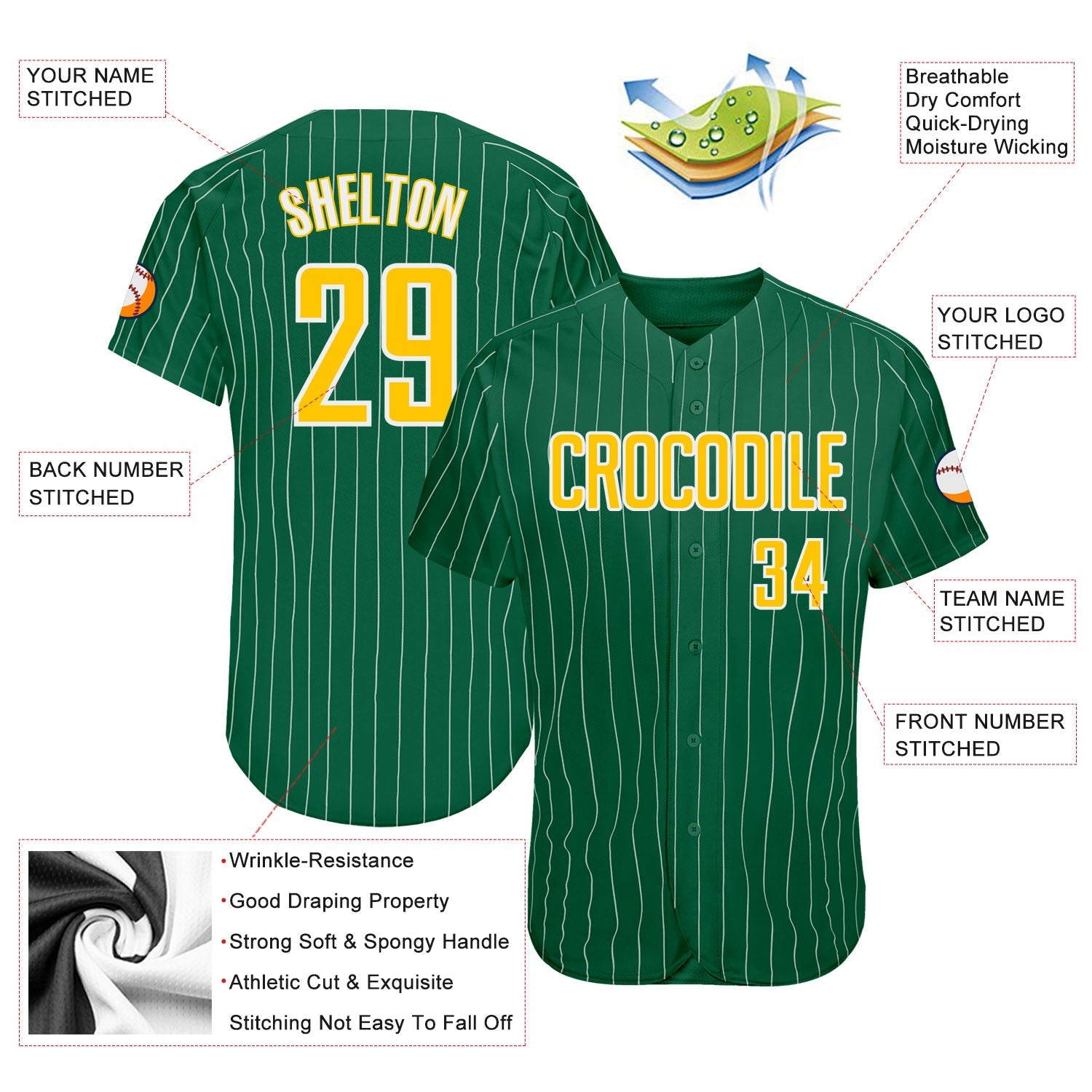 Custom Kelly Green White Pinstripe Gold-White Authentic Baseball Jersey view 3