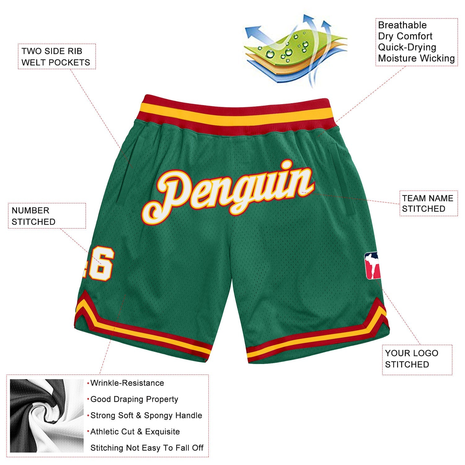 Custom Kelly Green White-Gold Authentic Throwback Basketball Shorts view 2