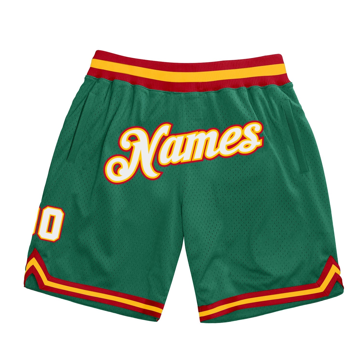 Custom Kelly Green White-Gold Authentic Throwback Basketball Shorts - Main View