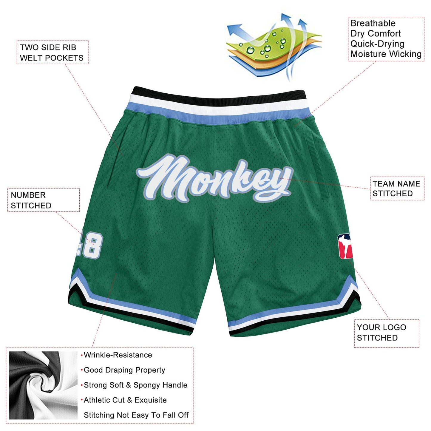 Custom Kelly Green White-Light Blue Authentic Throwback Basketball Shorts view 2