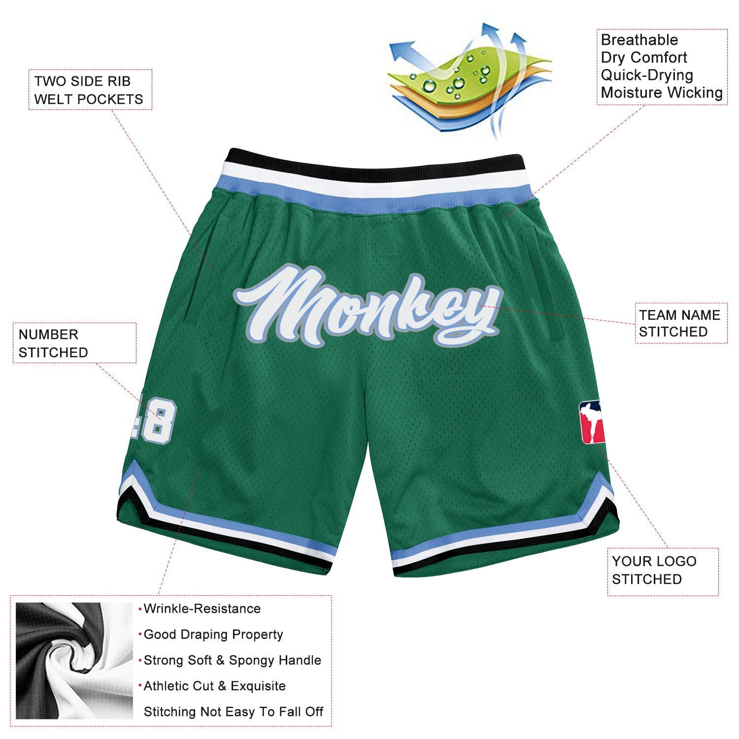 Custom Kelly Green White-Light Blue Authentic Throwback Basketball Shorts view 2