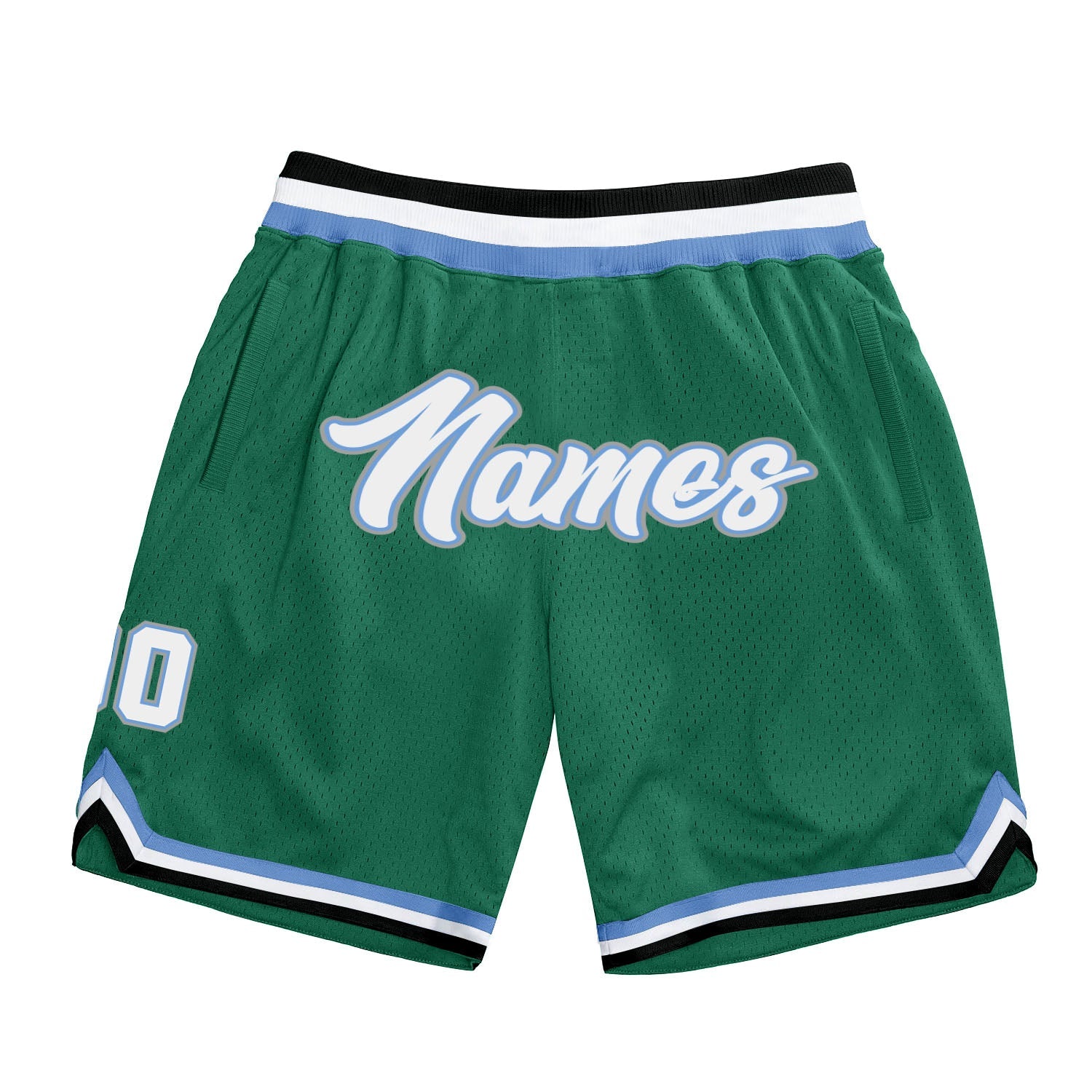 Custom Kelly Green White-Light Blue Authentic Throwback Basketball Shorts - Main View