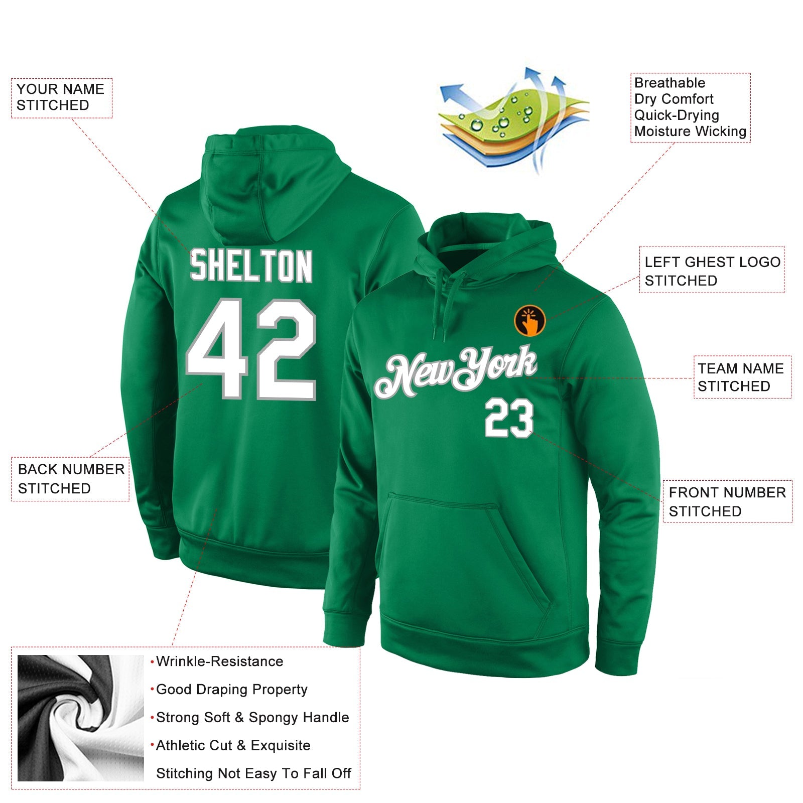 Custom Stitched Kelly Green White-Gray Sports Pullover Sweatshirt Hoodie view 4