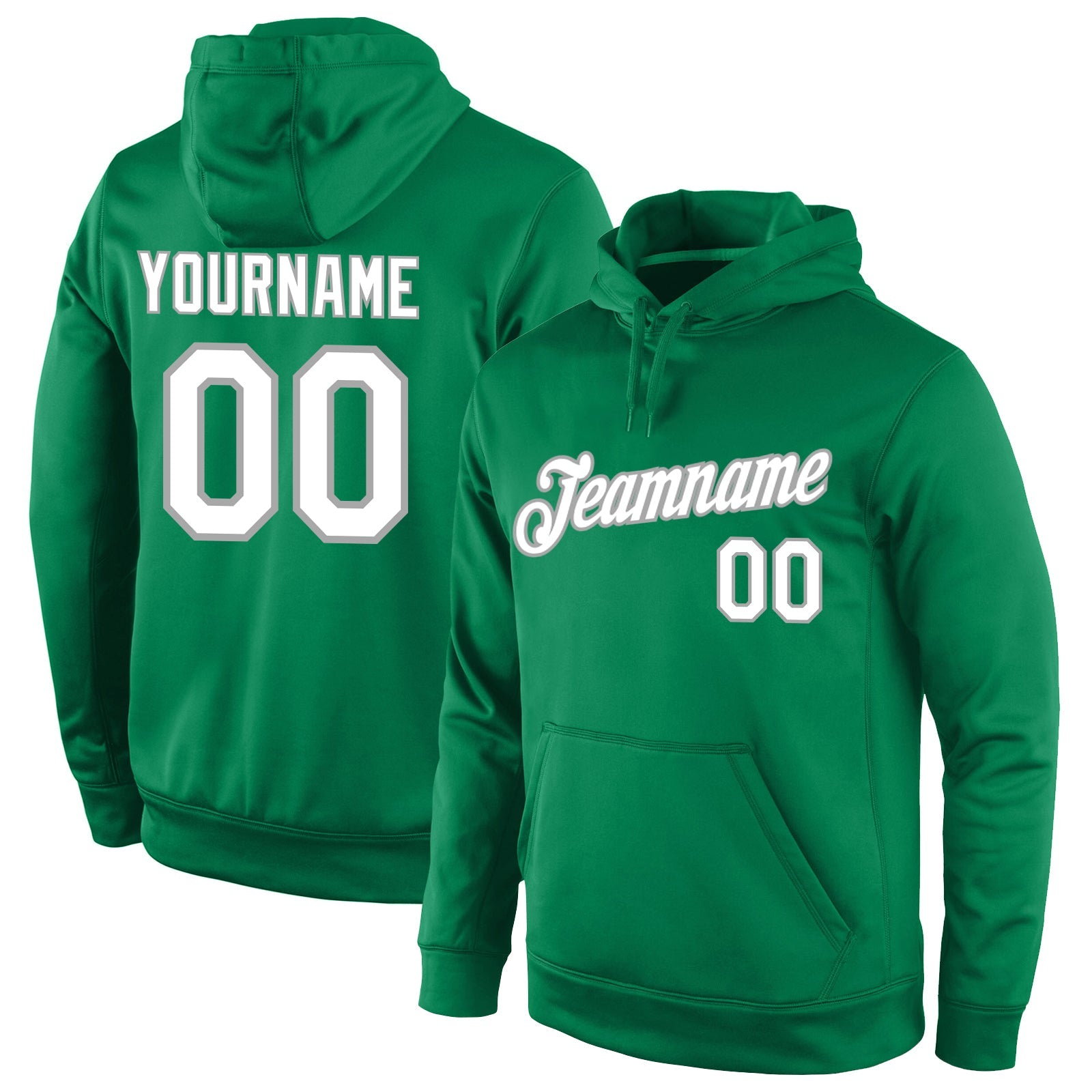 Custom Stitched Kelly Green White-Gray Sports Pullover Sweatshirt Hoodie - Main View