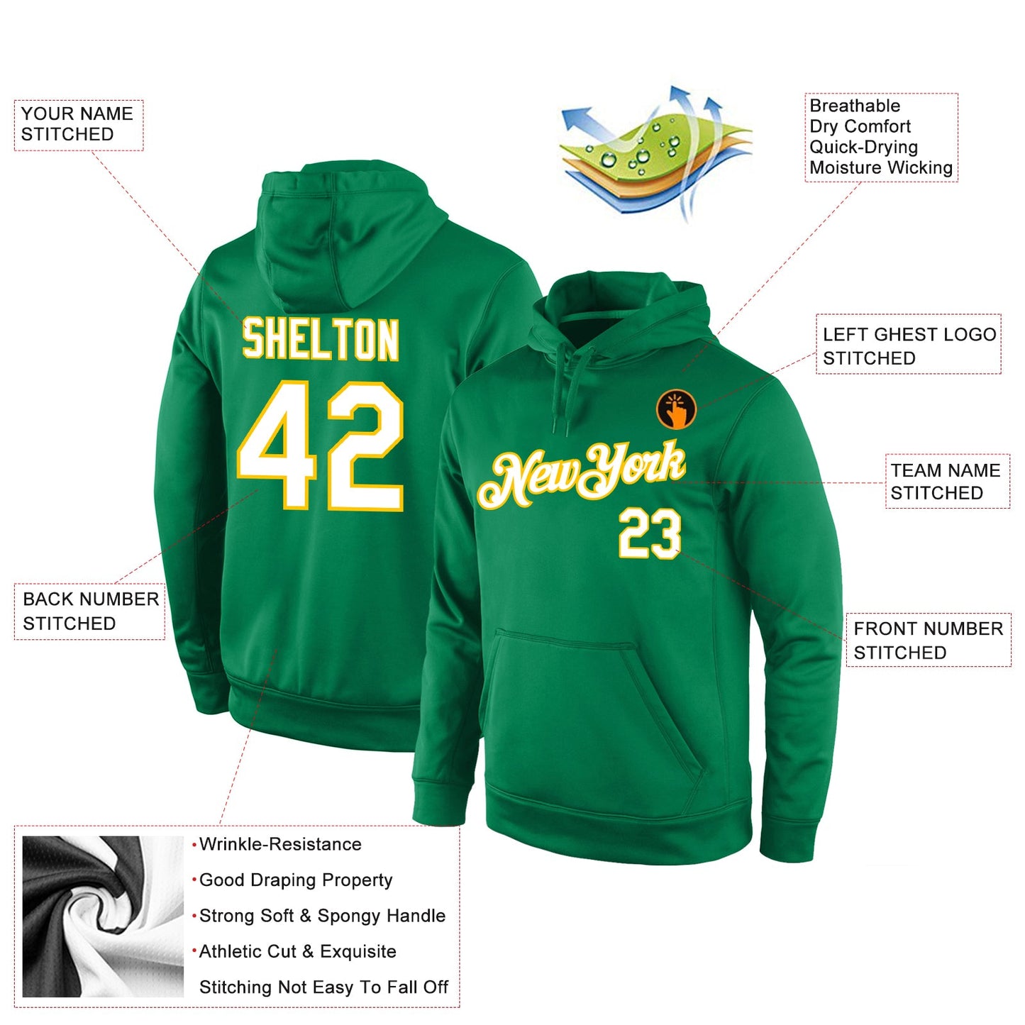 Custom Stitched Kelly Green White-Gold Sports Pullover Sweatshirt Hoodie view 4