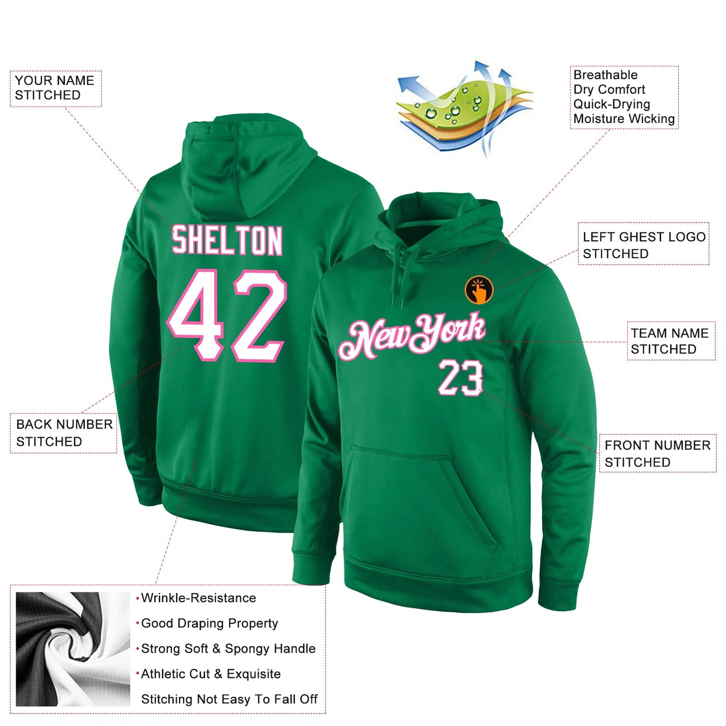 Custom Stitched Kelly Green White-Pink Sports Pullover Sweatshirt Hoodie view 4