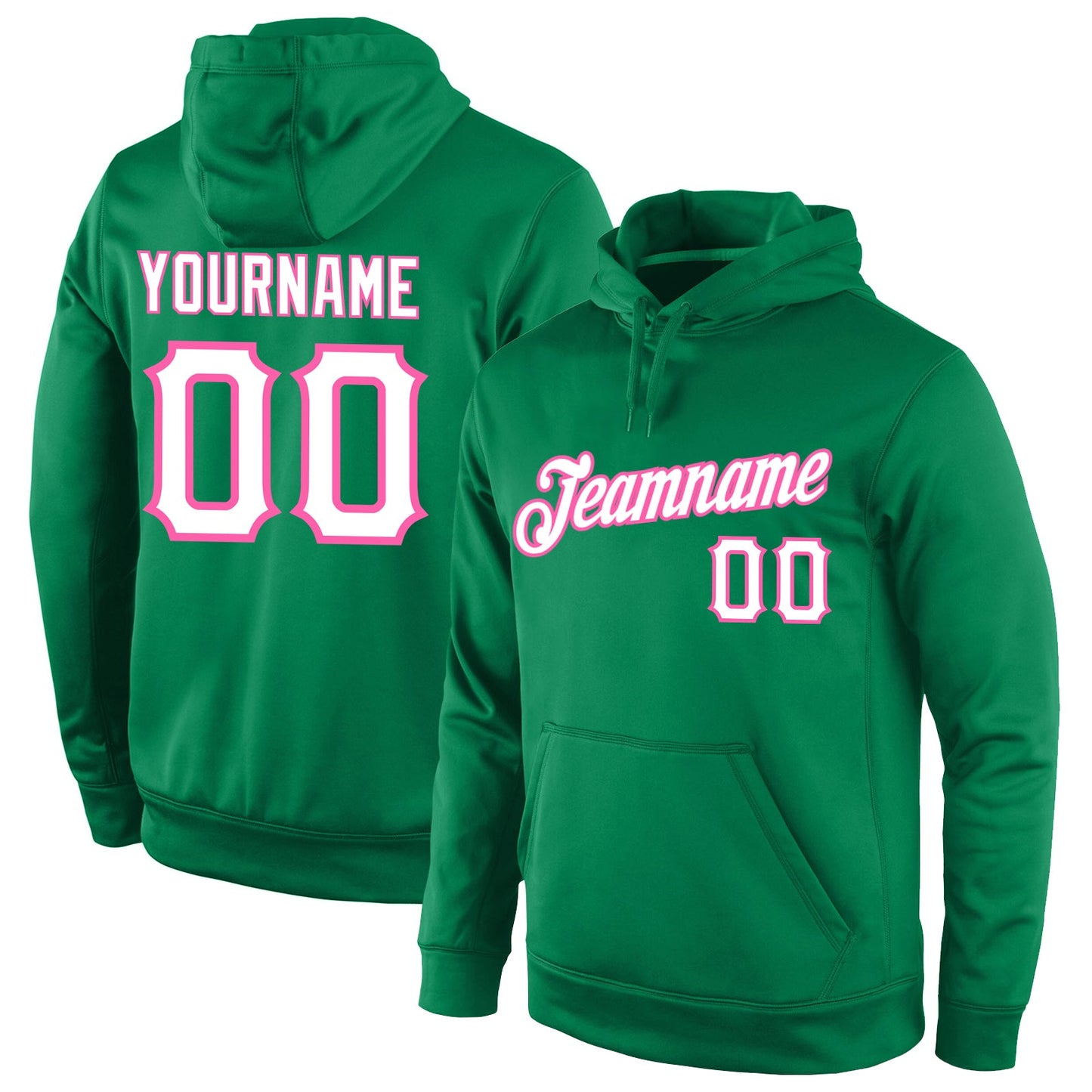 Custom Stitched Kelly Green White-Pink Sports Pullover Sweatshirt Hoodie - Main View