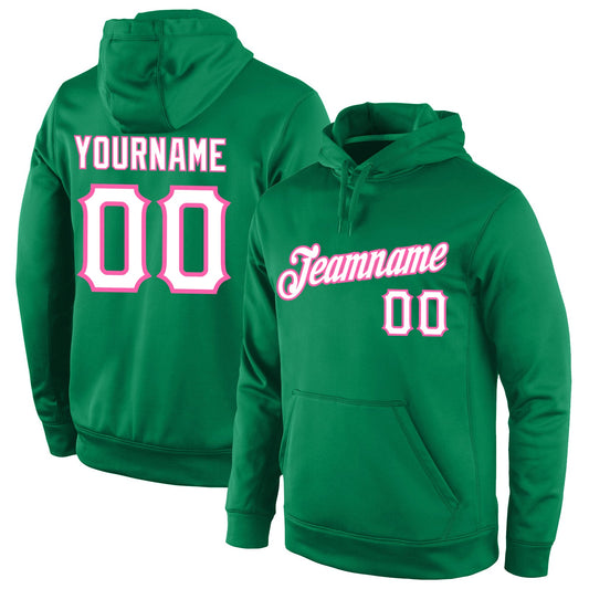 Custom Stitched Kelly Green White-Pink Sports Pullover Sweatshirt Hoodie - Main View
