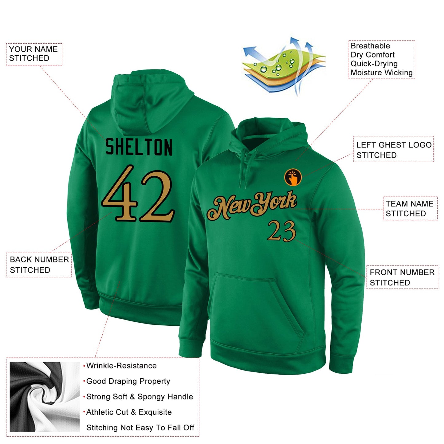 Custom Stitched Kelly Green Old Gold-Black Sports Pullover Sweatshirt Hoodie view 4