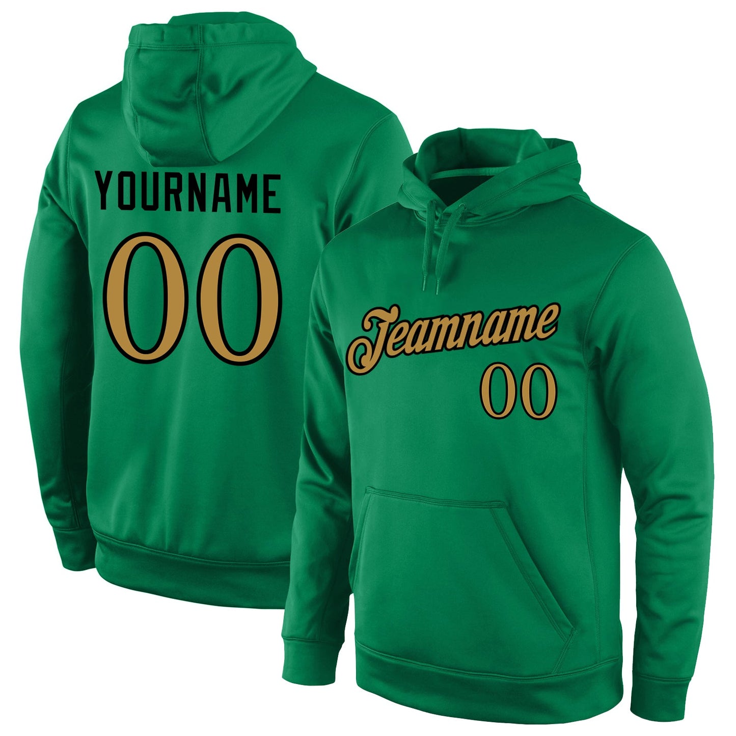 Custom Stitched Kelly Green Old Gold-Black Sports Pullover Sweatshirt Hoodie - Main View