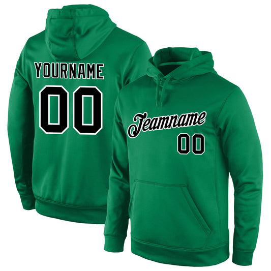 Custom Stitched Kelly Green Black-White Sports Pullover Sweatshirt Hoodie - Main View