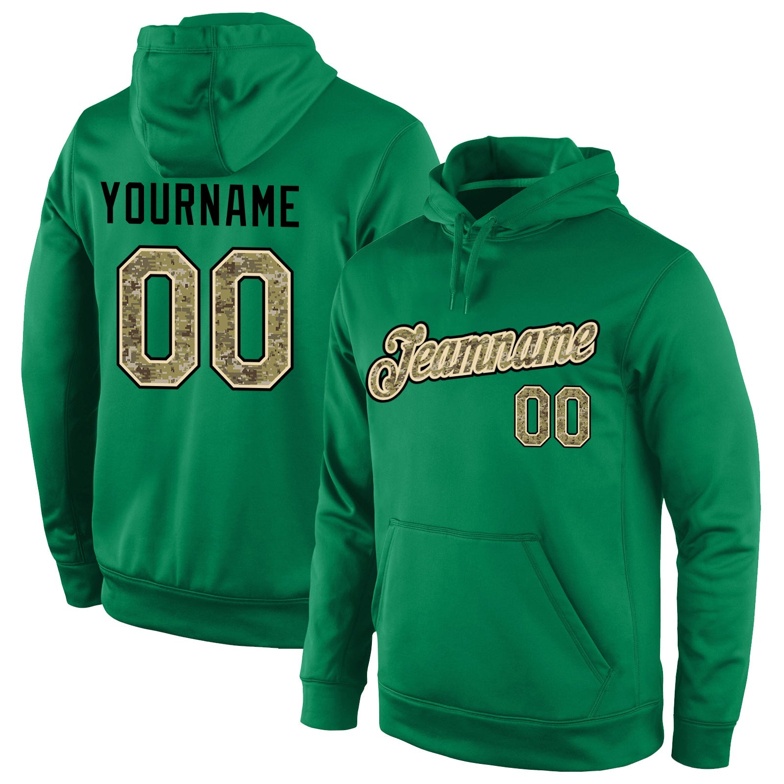 Custom Stitched Kelly Green Camo-Cream Sports Pullover Sweatshirt Hoodie - Main View