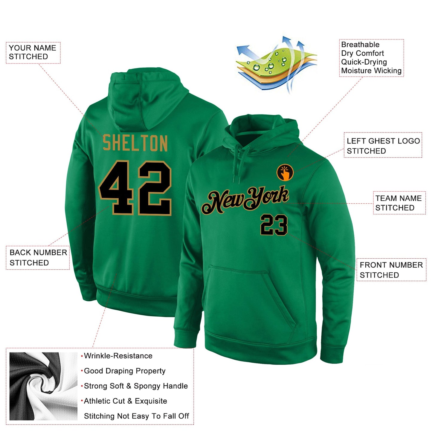 Custom Stitched Kelly Green Black-Old Gold Sports Pullover Sweatshirt Hoodie view 4