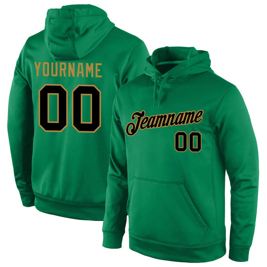 Custom Stitched Kelly Green Black-Old Gold Sports Pullover Sweatshirt Hoodie - Main View