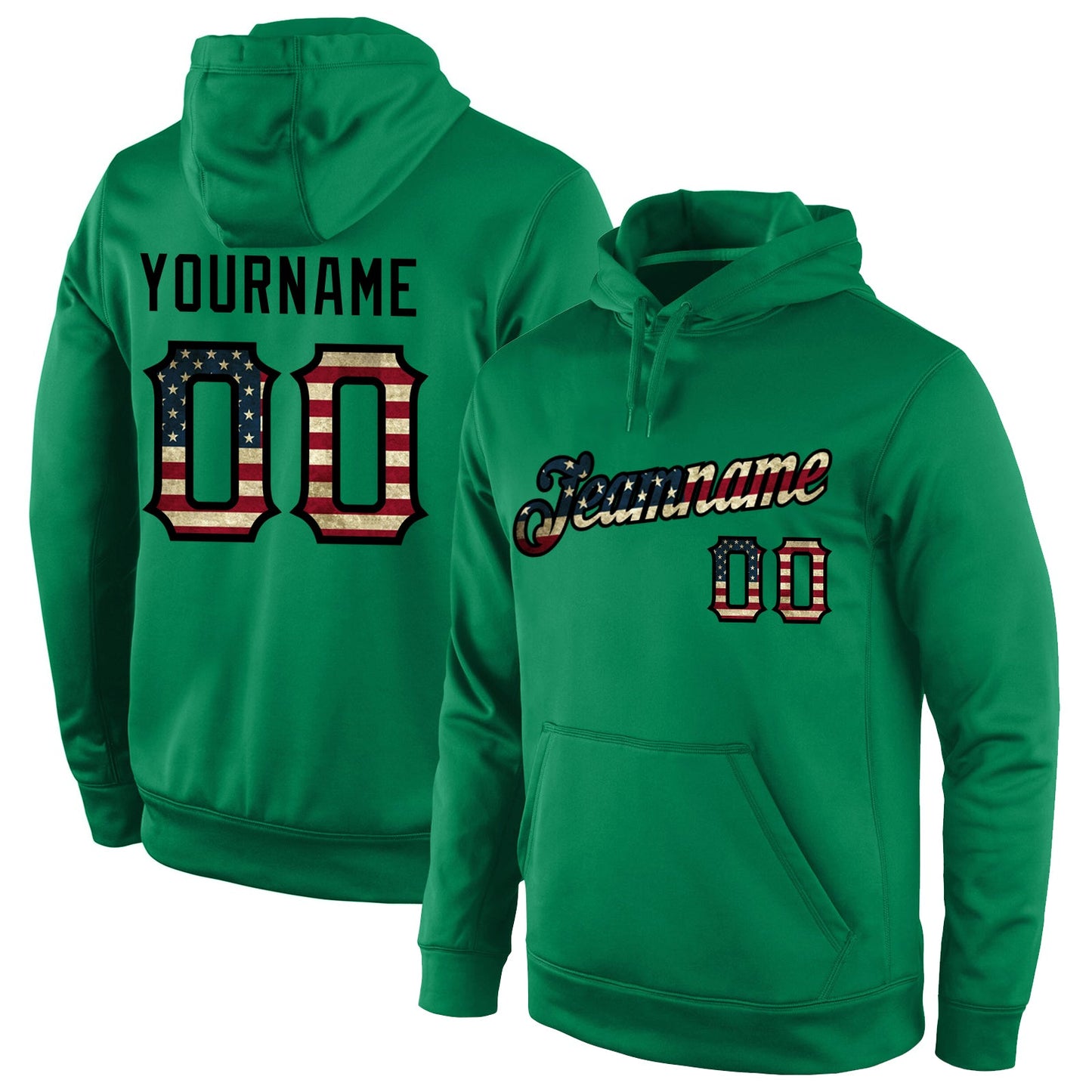 Custom Stitched Kelly Green Vintage USA Flag-Black Sports Pullover Sweatshirt Hoodie - Main View