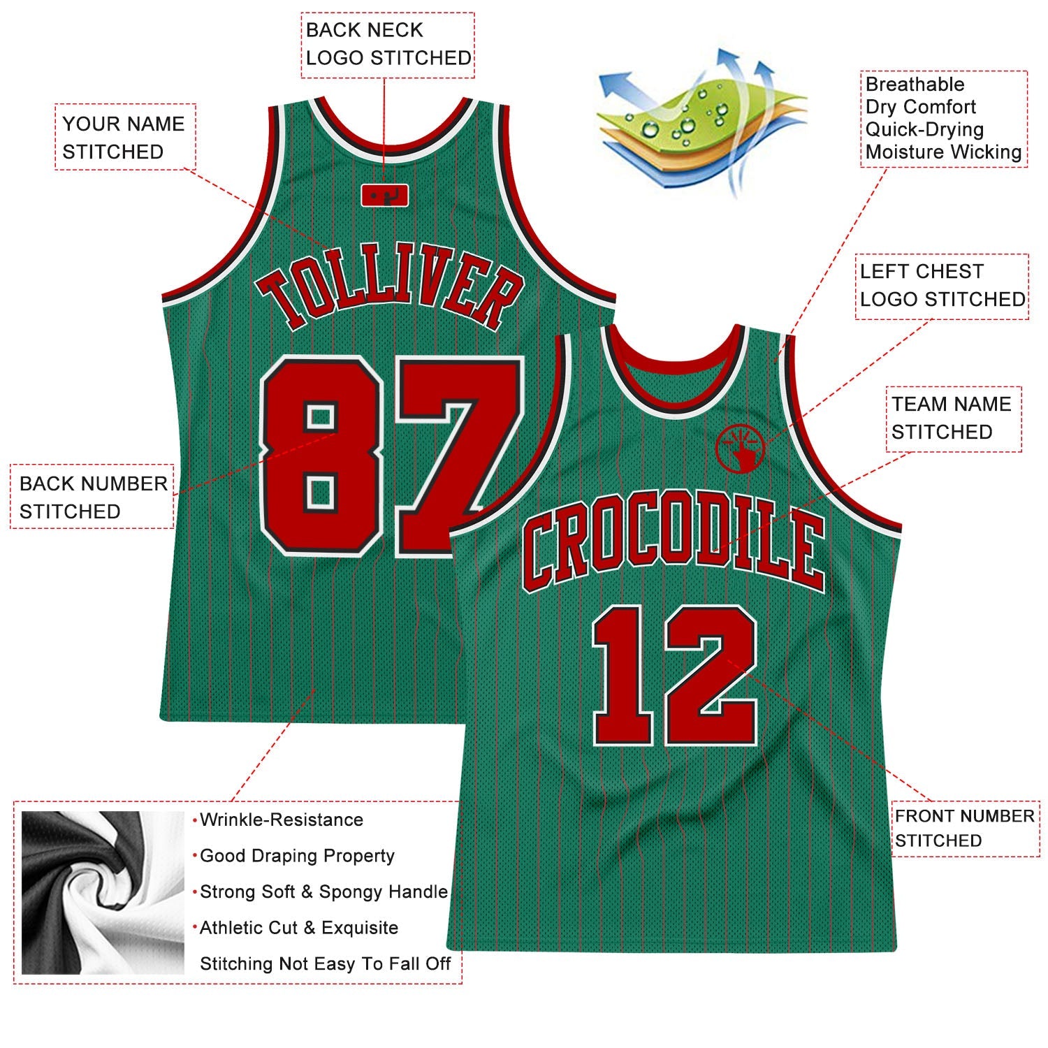 Custom Kelly Green Red Pinstripe Red-Black Authentic Basketball Jersey view 2