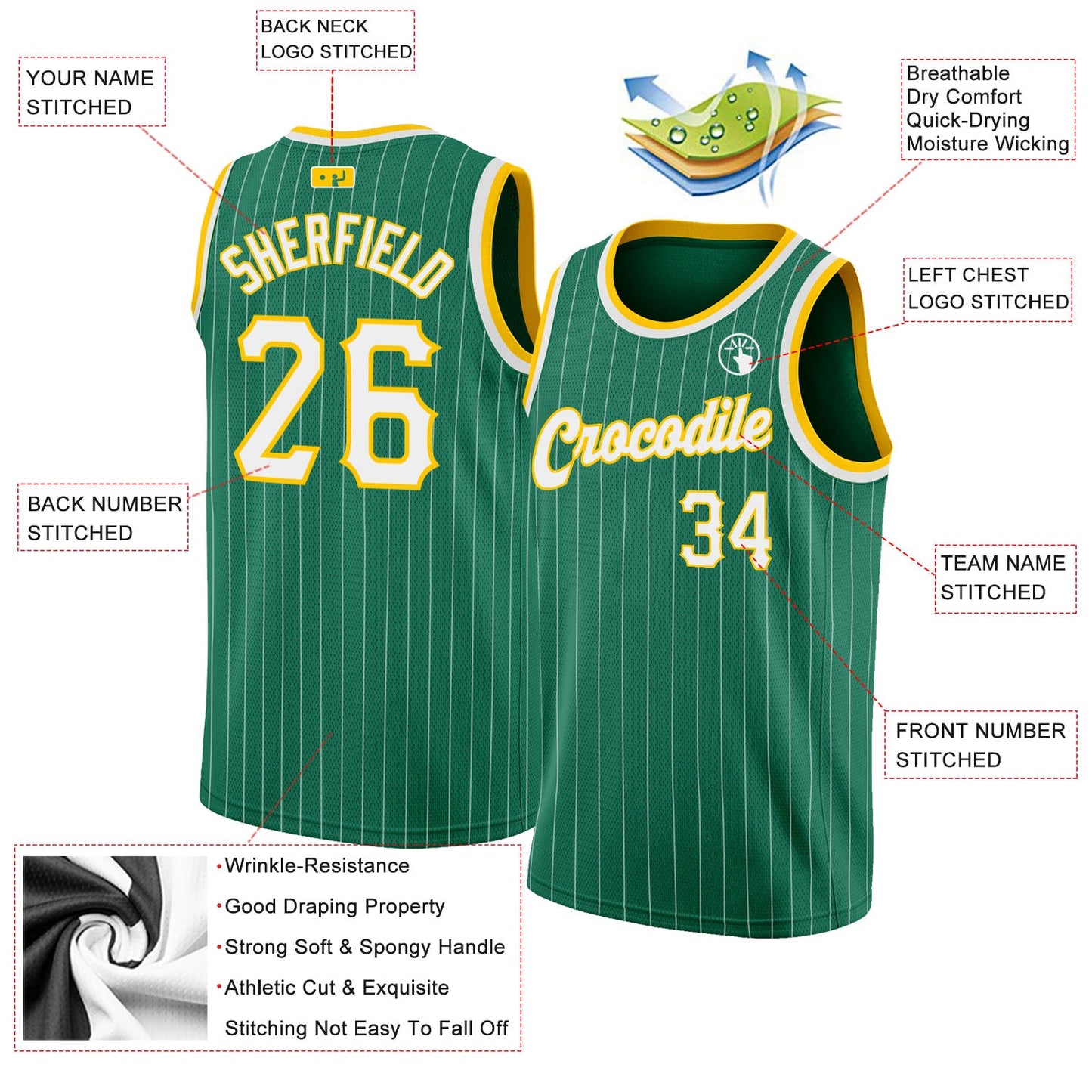 Custom Kelly Green White Pinstripe White-Gold Authentic Basketball Jersey view 2