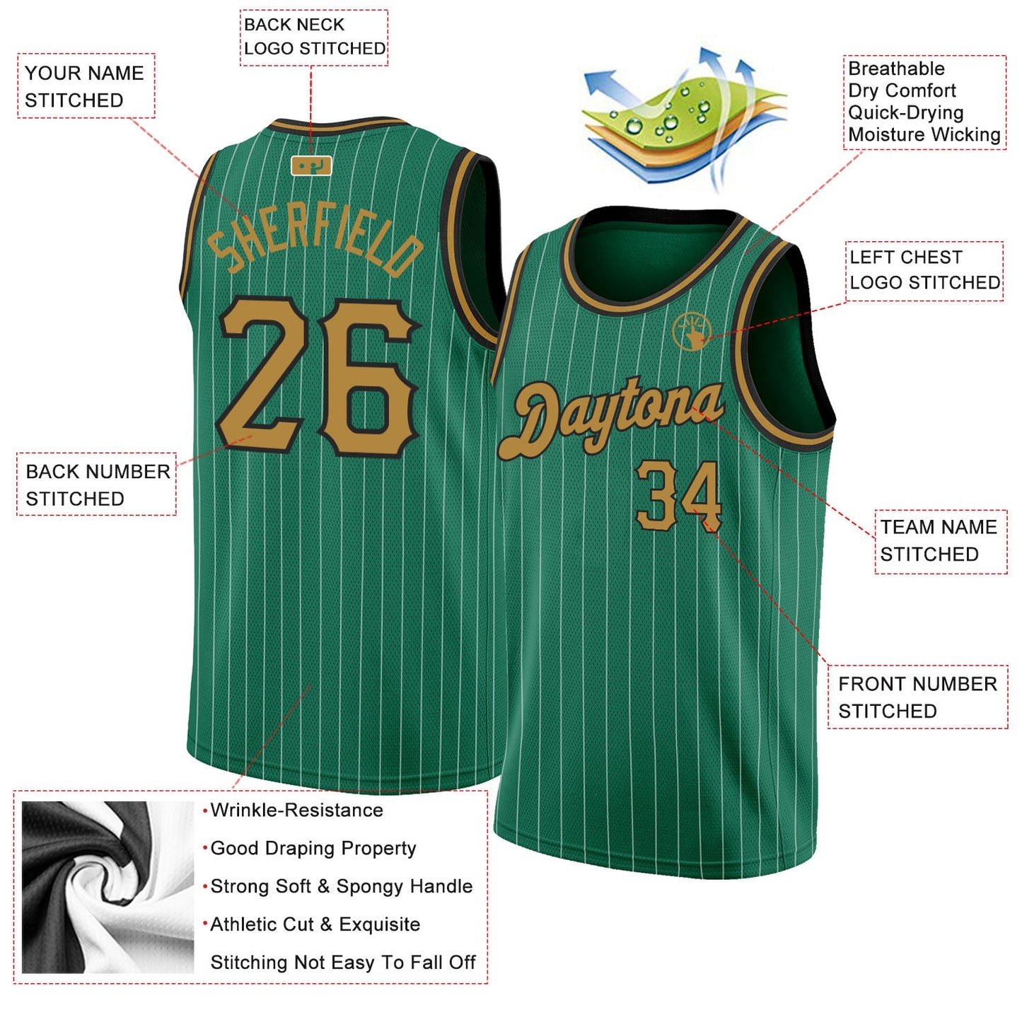 Custom Kelly Green White Pinstripe Old Gold-Black Authentic Basketball Jersey view 2