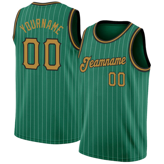 Custom Kelly Green White Pinstripe Old Gold-Black Authentic Basketball Jersey - Main View