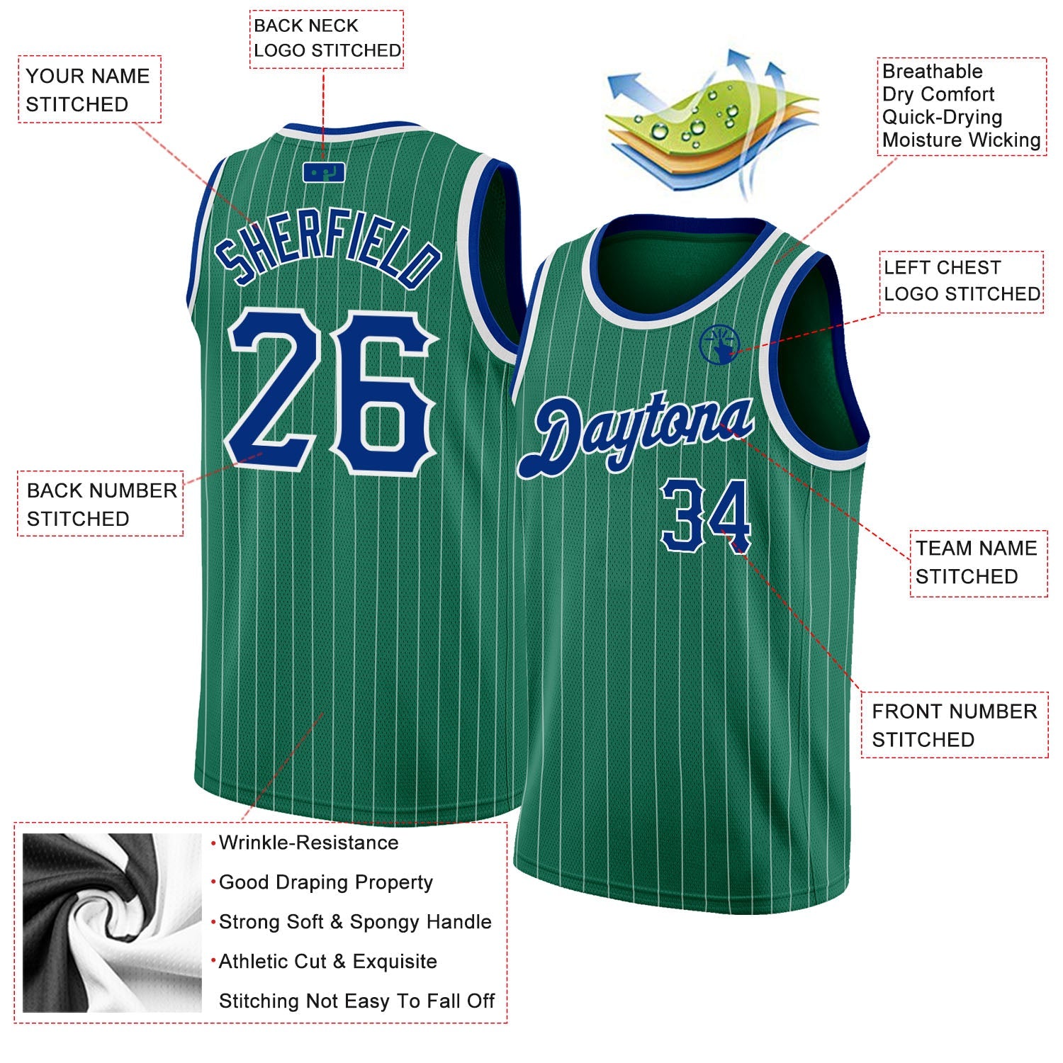 Custom Kelly Green White Pinstripe Royal-White Authentic Basketball Jersey view 2