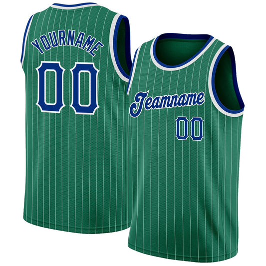 Custom Kelly Green White Pinstripe Royal-White Authentic Basketball Jersey - Main View
