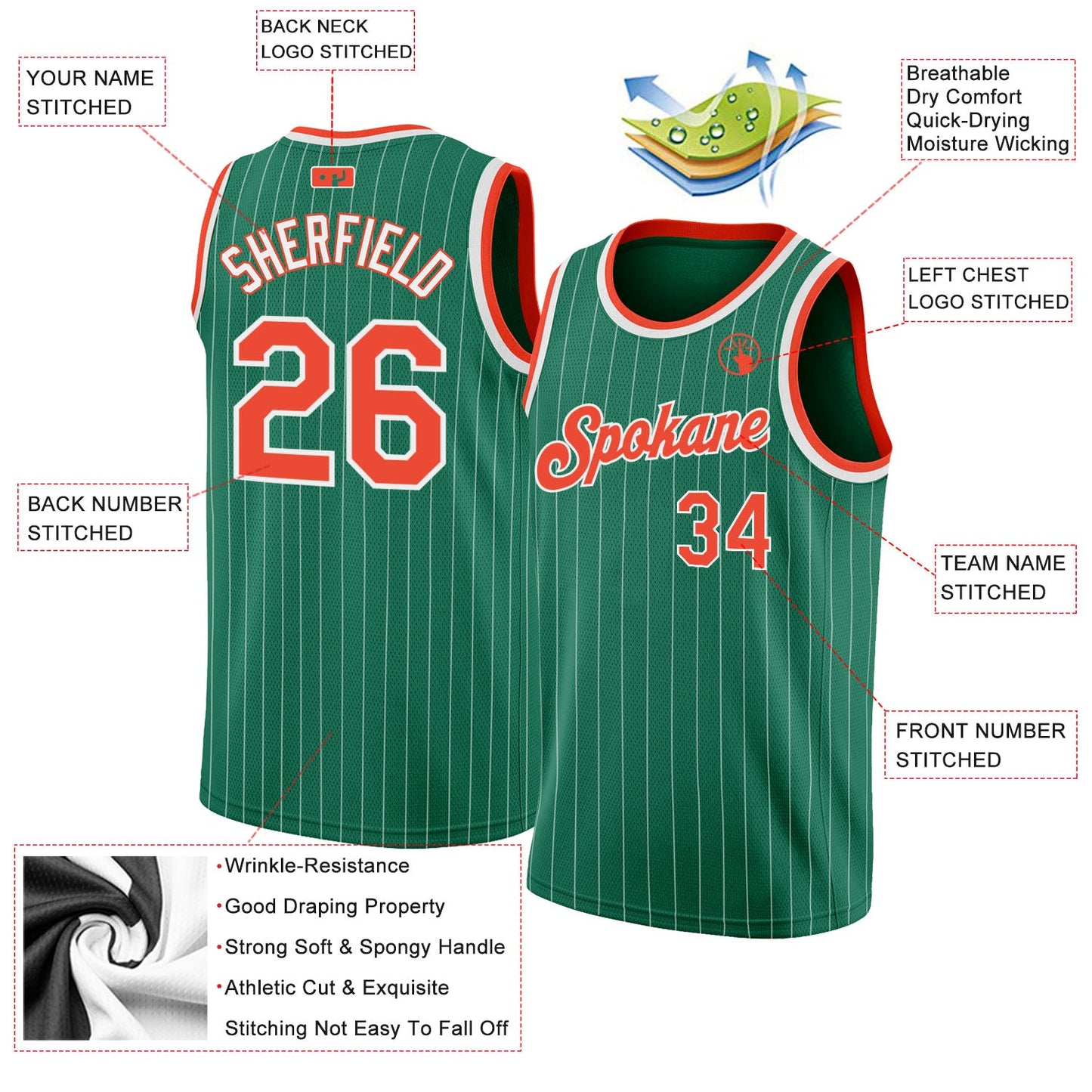Custom Kelly Green White Pinstripe Orange-White Authentic Basketball Jersey view 2