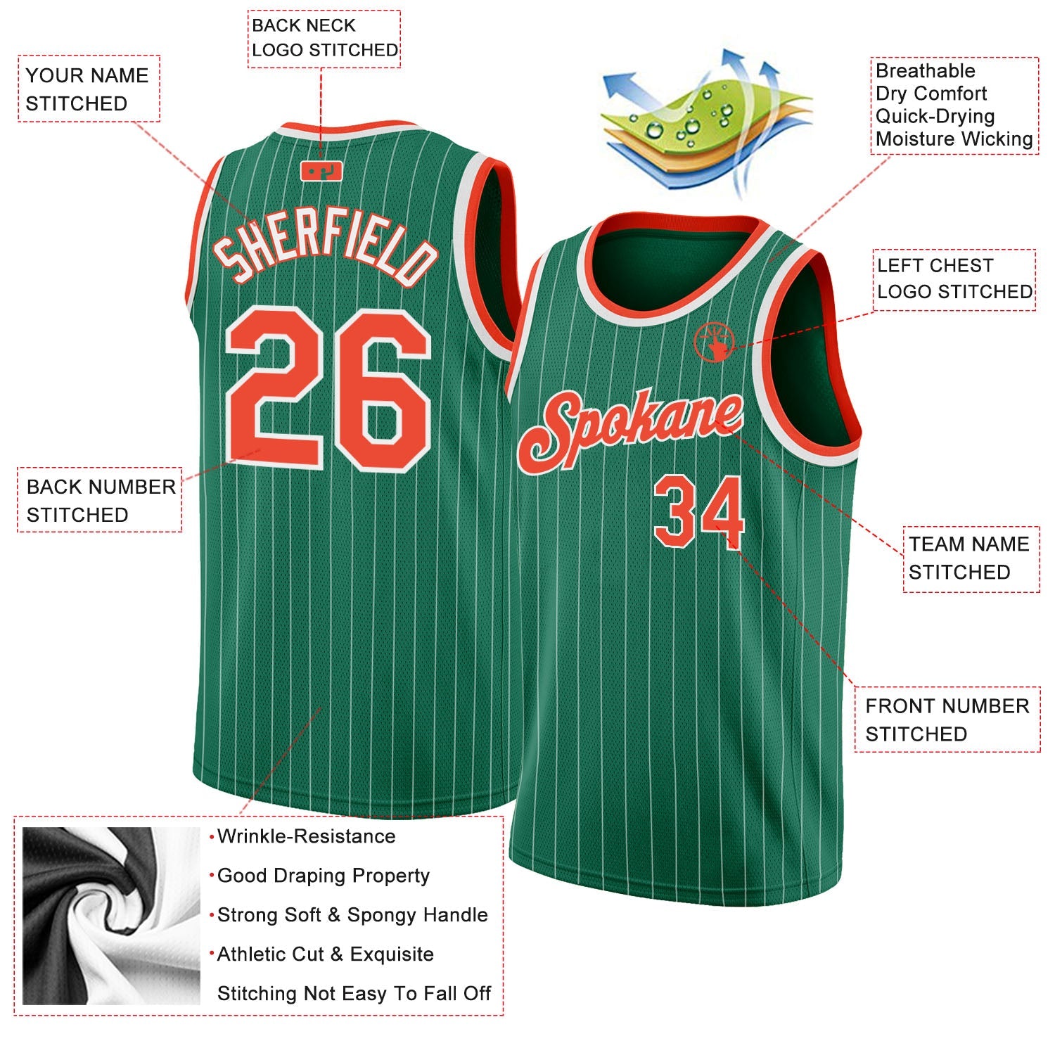 Custom Kelly Green White Pinstripe Orange-White Authentic Basketball Jersey view 2
