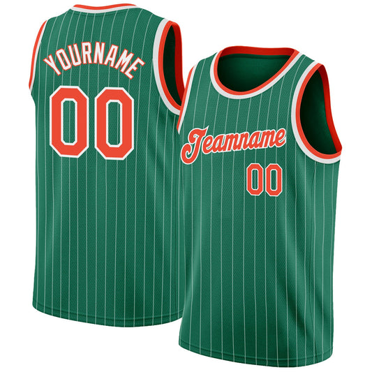 Custom Kelly Green White Pinstripe Orange-White Authentic Basketball Jersey - Main View