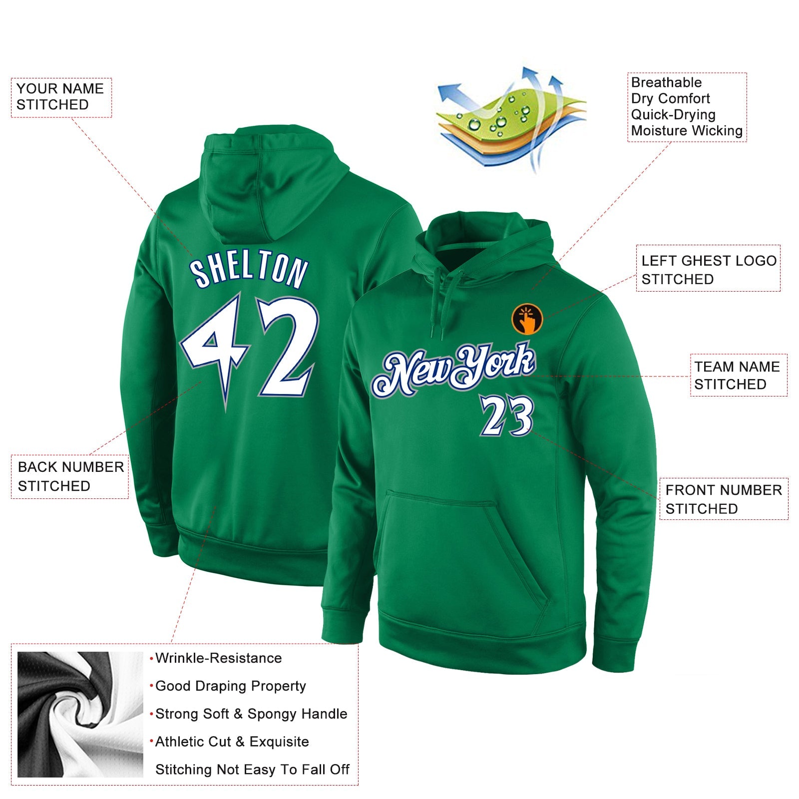 Custom Stitched Kelly Green White-Royal Sports Pullover Sweatshirt Hoodie view 4