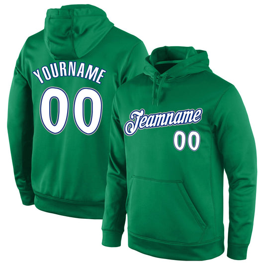 Custom Stitched Kelly Green White-Royal Sports Pullover Sweatshirt Hoodie - Main View
