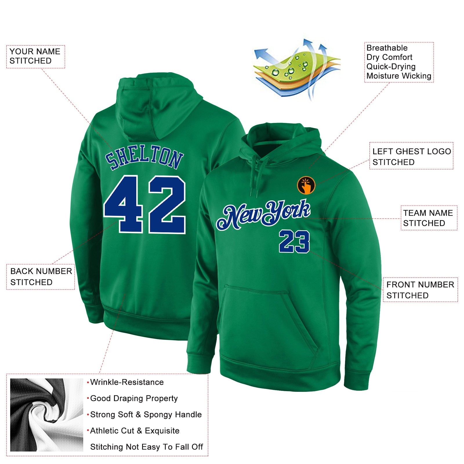 Custom Stitched Kelly Green Royal-White Sports Pullover Sweatshirt Hoodie view 4