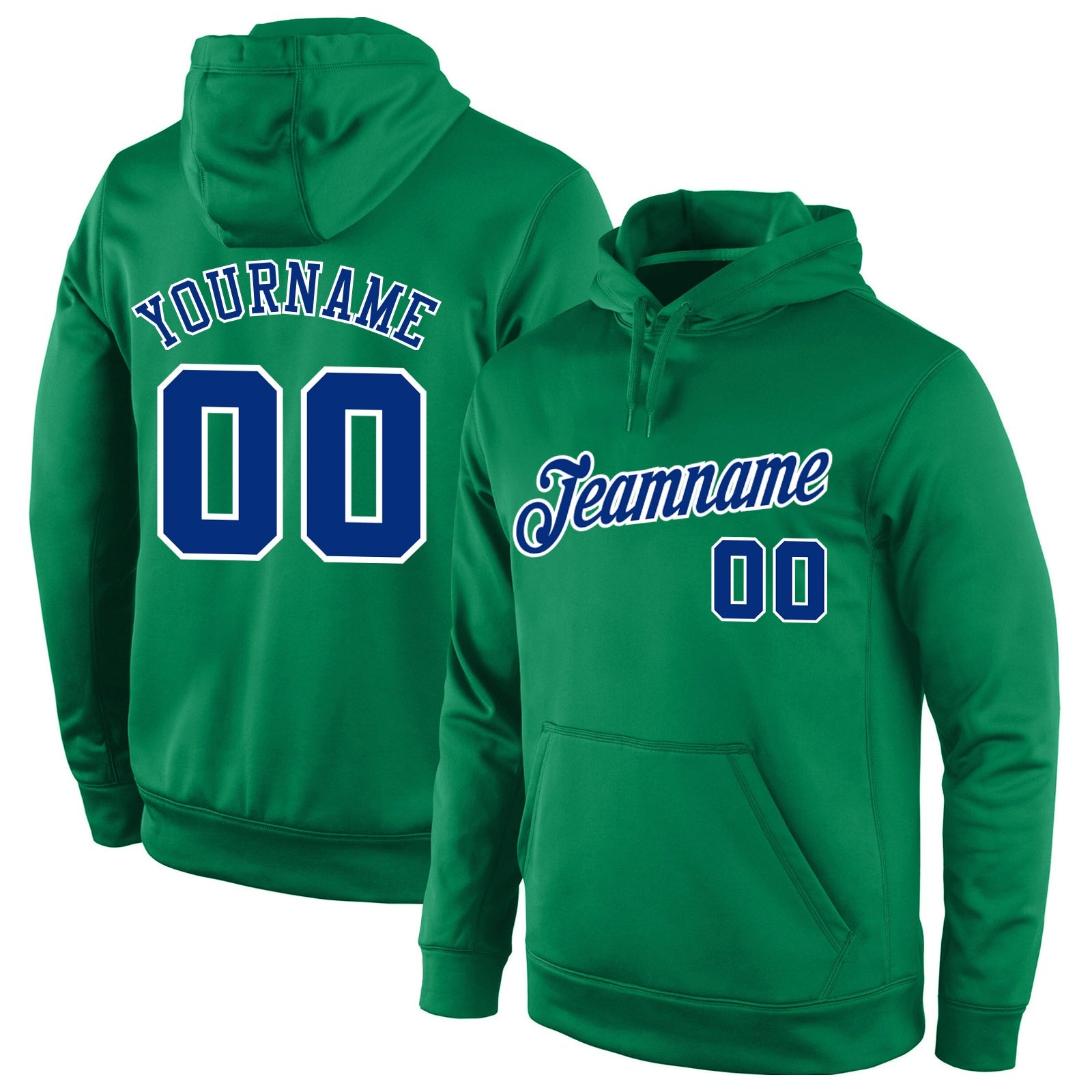 Custom Stitched Kelly Green Royal-White Sports Pullover Sweatshirt Hoodie - Main View