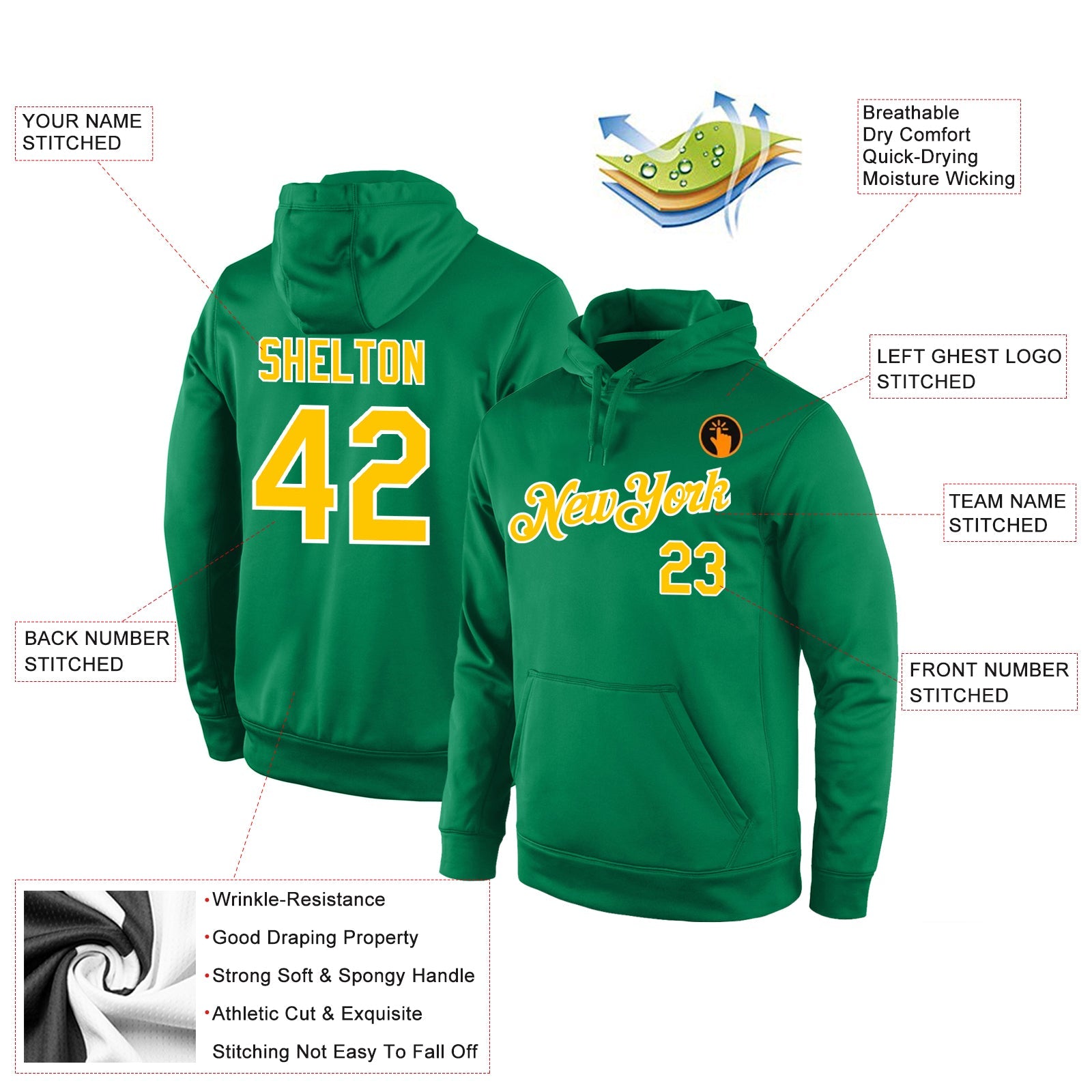 Custom Stitched Kelly Green Gold-White Sports Pullover Sweatshirt Hoodie view 4