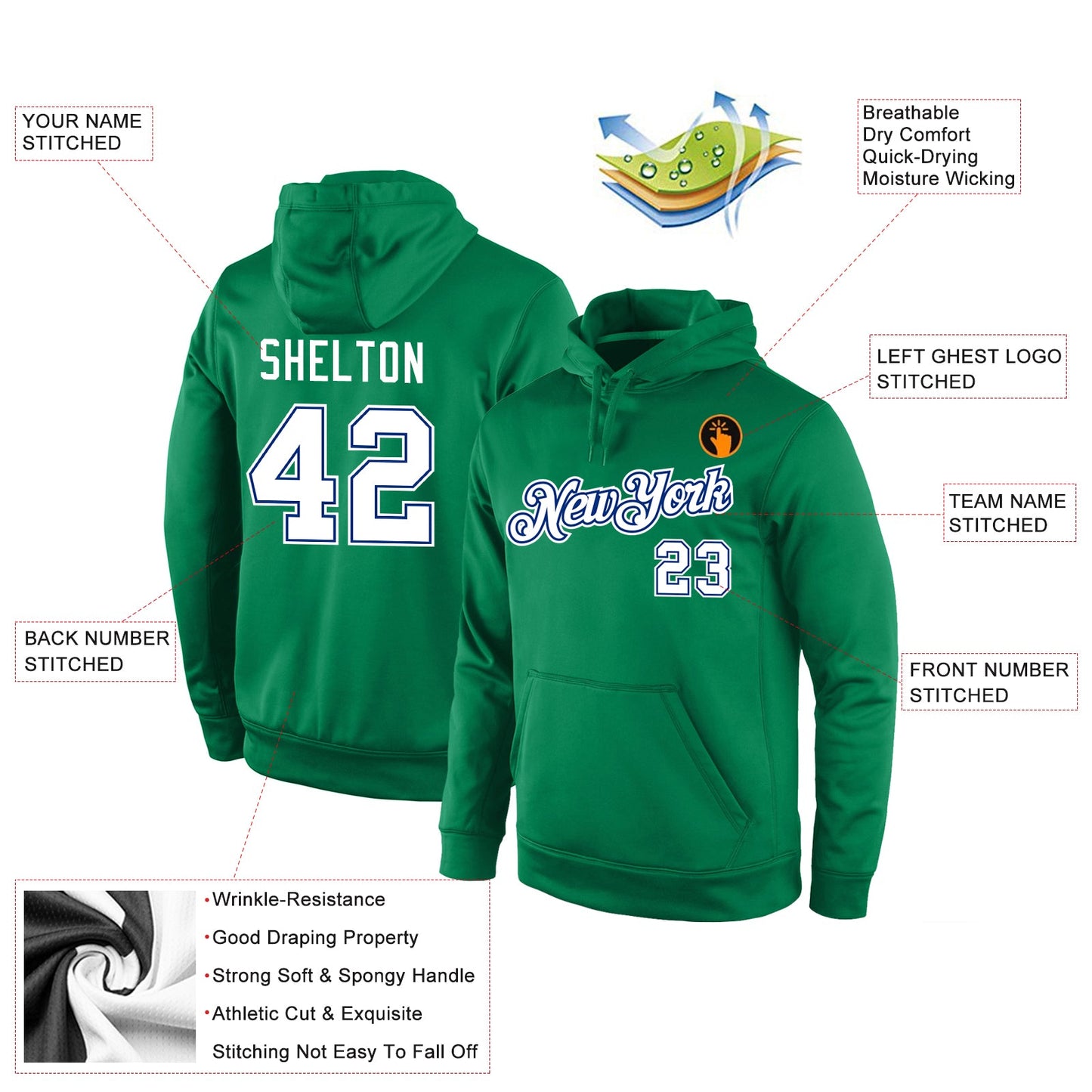 Custom Stitched Kelly Green White-Royal Sports Pullover Sweatshirt Hoodie view 4
