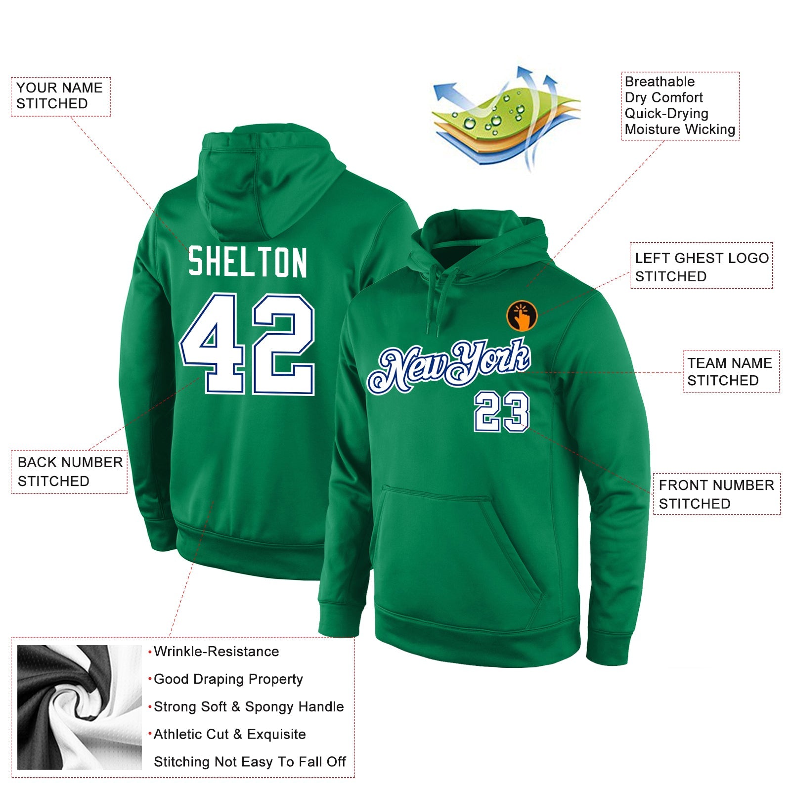 Custom Stitched Kelly Green White-Royal Sports Pullover Sweatshirt Hoodie view 4