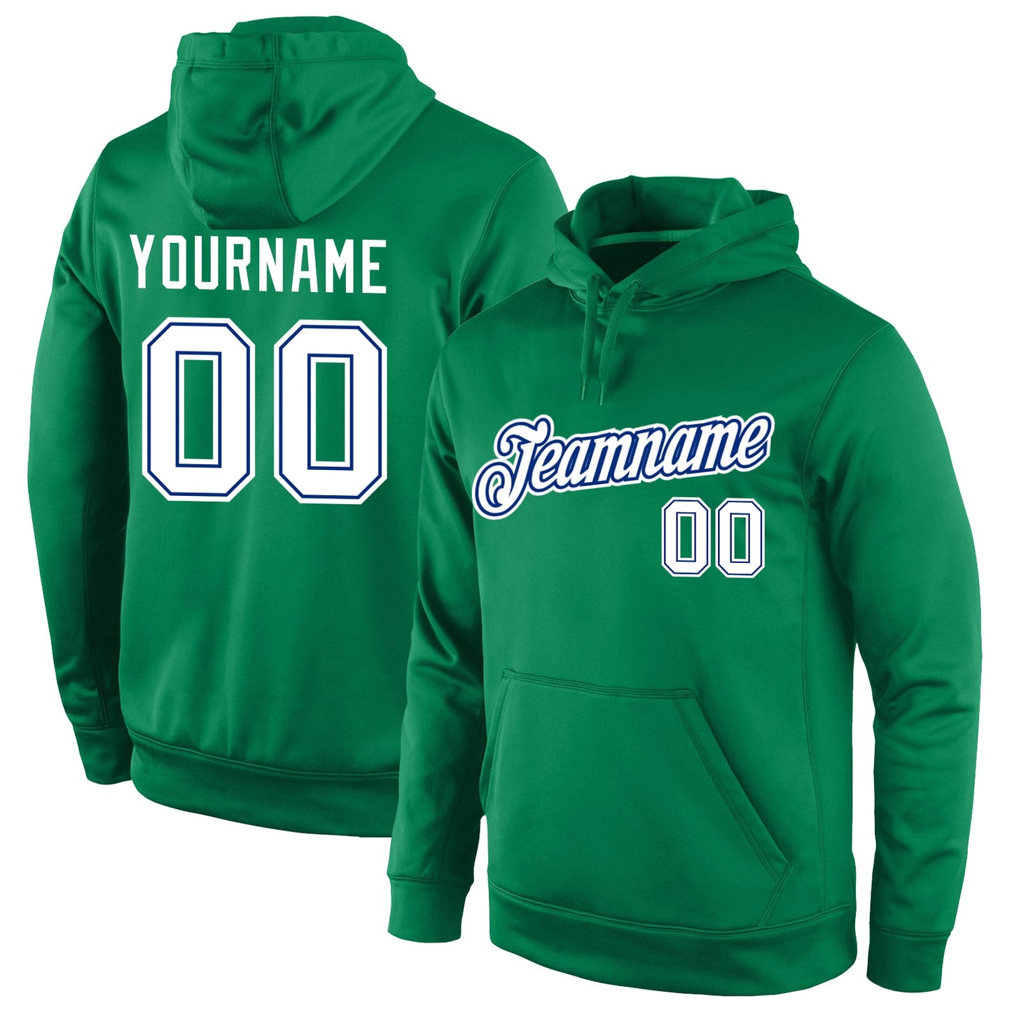 Custom Stitched Kelly Green White-Royal Sports Pullover Sweatshirt Hoodie - Main View