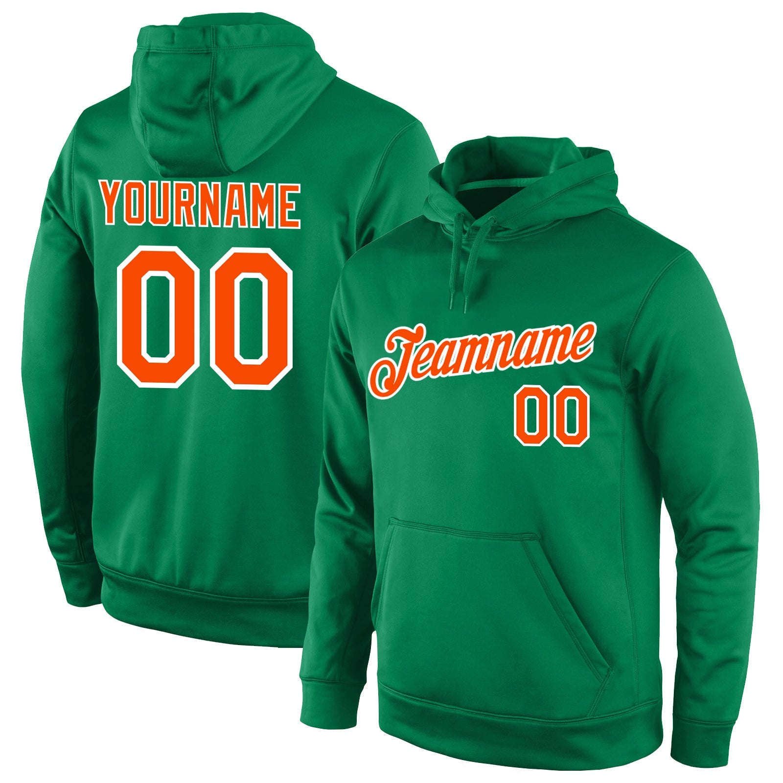 Custom Stitched Kelly Green Orange-White Sports Pullover Sweatshirt Hoodie - Main View