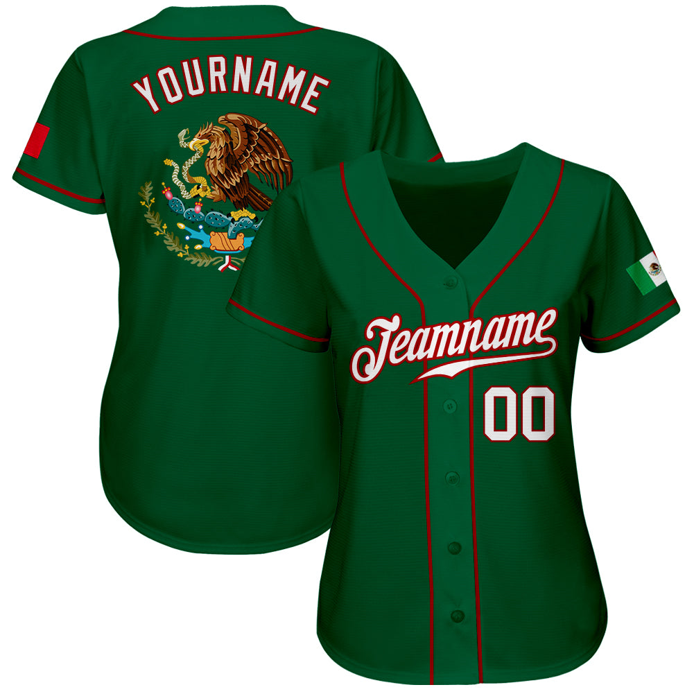 Custom Kelly Green White-Red Authentic Mexican Flag Fashion Baseball Jersey view 2