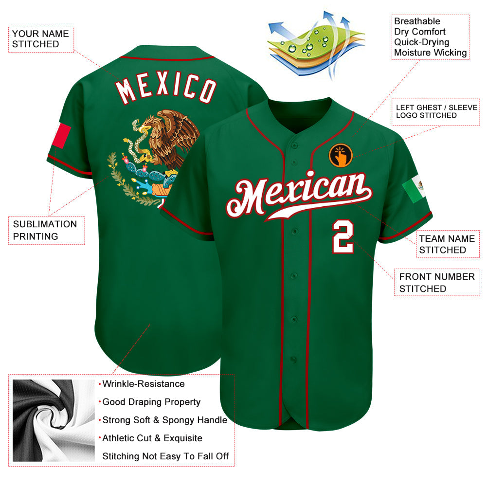 Custom Kelly Green White-Red Authentic Mexican Flag Fashion Baseball Jersey view 3