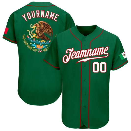 Custom Kelly Green White-Red Authentic Mexican Flag Fashion Baseball Jersey - Main View