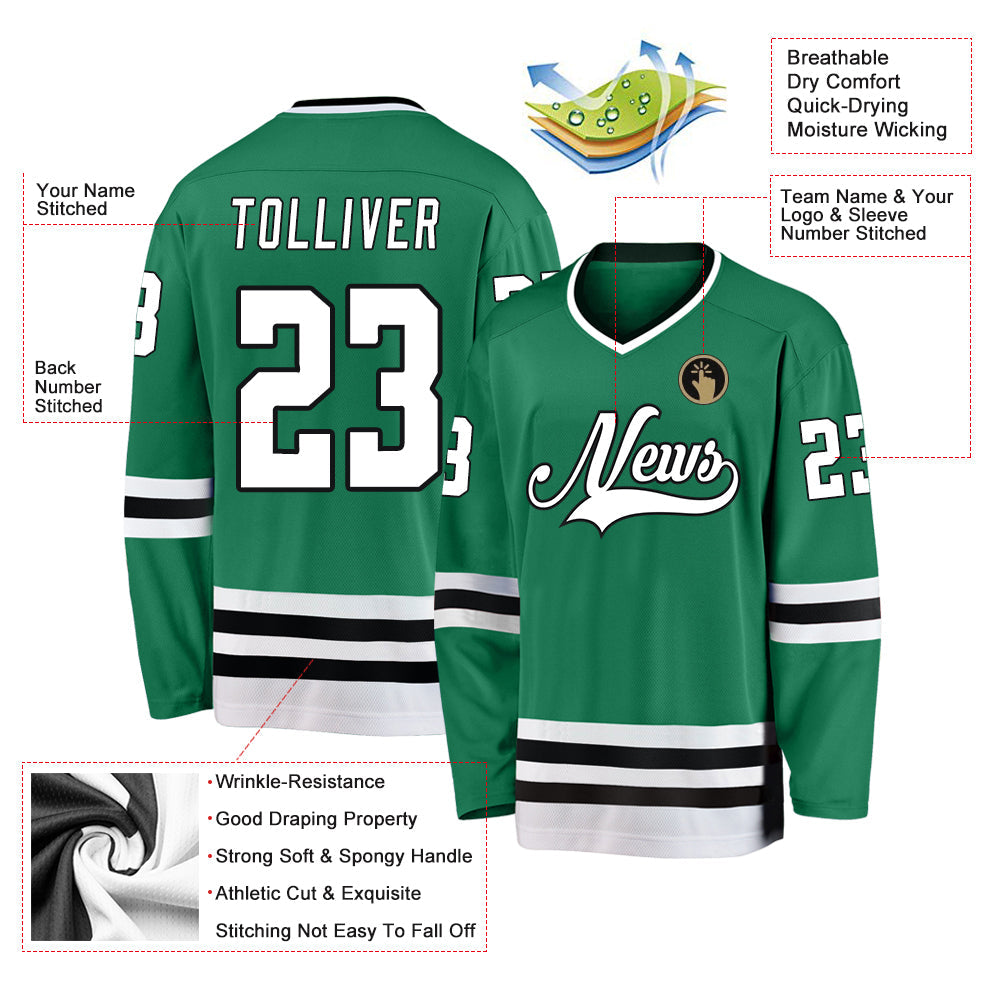 Custom Kelly Green White-Black Hockey Jersey view 4